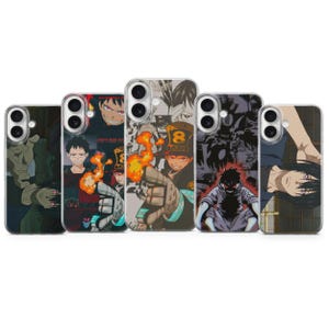 May include: A collection of five phone cases featuring anime-style illustrations. The cases display various characters with vibrant colors, including red, orange, and black. The designs showcase action poses and detailed artwork, suitable for fans of the anime series.