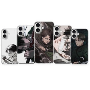 May include: Five phone cases with anime character artwork. The cases showcase the same character in different poses and colour schemes, including monochrome and full-colour designs. The cases are designed to fit a smartphone.