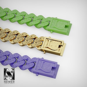 May include: Three colorful chain necklaces in green, gold, and purple. Each chain link features a leaf pattern. The gold chain has a gold clasp with the letter "L". The green and purple chains have matching clasps. The "Newer Jewelry by Print" logo is in the bottom left corner.