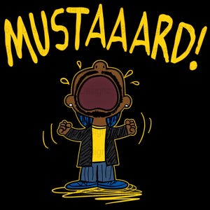 マスタード、面白いデジタルアートプリント、大胆なグラフィックイラスト、風変わりな壁飾り、家庭向けの鮮やかなアート、ユニークな漫画ポスター、マスタードテーマ