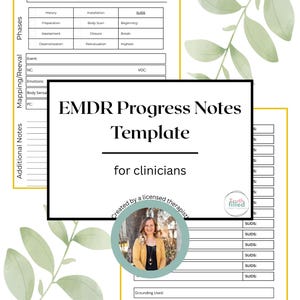 Może przedstawiać: Drukowany szablon notatek z postępów EMDR dla klinicystów. Szablon zawiera sekcje na informacje o kliencie, szczegóły sesji terapeutycznej, oceny SUDS i dodatkowe notatki. Szablon został stworzony przez licencjonowanego terapeutę.