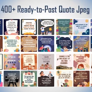 Może przedstawiać: Kolekcja ponad 400 gotowych do publikacji cytatów w formacie JPEG. Cytaty dotyczą różnych tematów, w tym edukacji, uczenia się i rozwoju osobistego. Każdy cytat jest wyświetlany na kolorowym tle z ilustracjami.