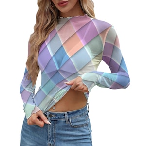 Women’s Geometric Mesh Long Sleeve Top – Colorful Sheer Slim Fit Blouse