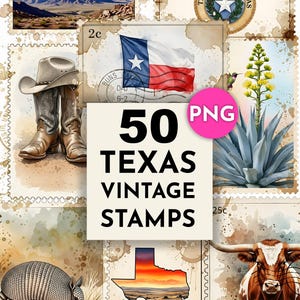 Peut inclure: Une collection de 50 timbres vintage du Texas avec des illustrations à l'aquarelle. Les timbres présentent des images du drapeau du Texas, des bottes et un chapeau de cow-boy, un longhorn, un tatou et un paysage désertique. Le texte "50 Texas Vintage Stamps" est affiché.