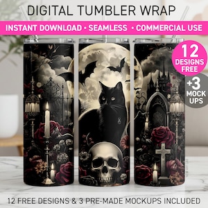 May include: Digital tumbler wrap featuring a gothic design with a black cat, skull, bats, and roses. The design includes a full moon and a spooky castle. The text reads "DIGITAL TUMBLER WRAP" and "12 DESIGNS FREE".