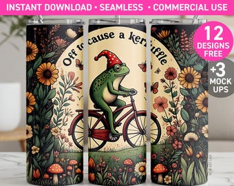May include: Digital tumbler wraps featuring a whimsical design. One wrap showcases a frog riding a bicycle with the text "Off to cause a kerfuffle." The other wraps display floral and mushroom patterns. Includes 12 free designs and 3 mockups.