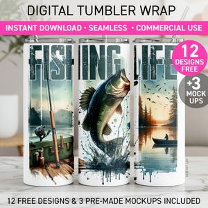 Fishing Tumbler Wrap Fishin Life Sublimation PNG 20oz Design Fisherman Gift for Dad Skinny 20 oz Lake Bass Fish Digital Download for Dads