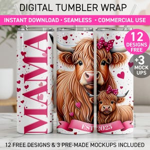New Mama Highland Cow Tumbler Wrap New Mom Est 2025 Sublimation PNG 20oz Design for Mom To Be Mothers Day Gift Skinny 20 oz Digital Download