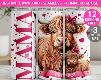 Nowa Mama Highland Cow Tumbler Wrap Nowa Mama Est 2025 Sublimacja PNG 20oz Projekt dla przyszłej mamy Prezent na Dzień Matki Chudy 20oz Pobierz cyfrowo