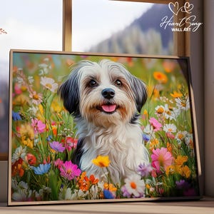 Havanese Dog Printable Wall Art - Spring Wildflower Field Painting, Cottagecore Pet Portrait, Floral Dog Print, Digital Download 1