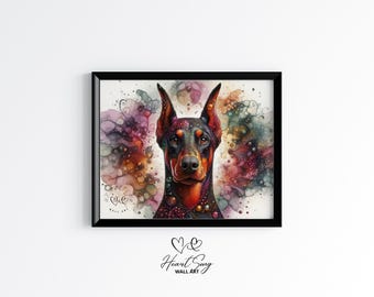 May include: A colorful watercolor painting of a Doberman Pinscher dog with a black and brown coat. The dog is surrounded by abstract watercolor shapes in shades of pink, purple, blue, and green.