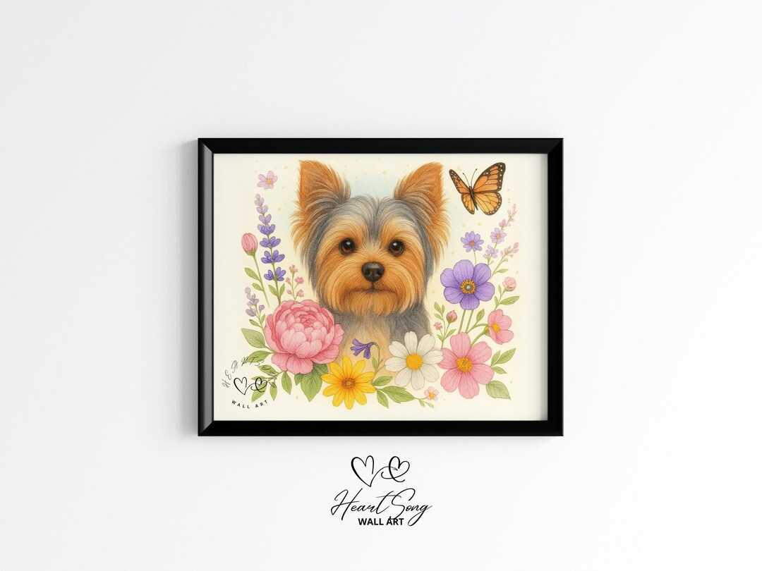 Yorkshire Terrier With Butterflies and Blooms - Floral Watercolor Dog ...