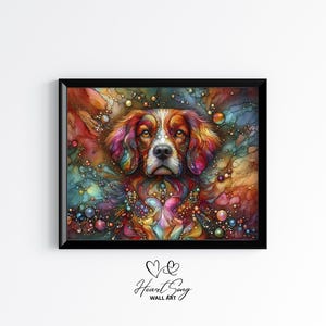 Pintura de cachorro da Bretanha para impressão, arte de parede abstrata rústica com textura rica inspirada em tinta alcoólica para amantes de decoração moderna 832