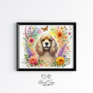 Cocker Spaniel with Flowers Print - Soft Cottagecore Dog Wall Art, Floral Summer Pet Painting, Warm Botanical Decor 68