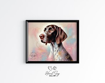 May include: Framed wall art featuring a watercolor-style portrait of a dog, primarily brown and white, with a focused gaze. The background has soft pink, blue, and gold accents. The artwork is framed in a black border, with the text "Heart Song Wall Art".
