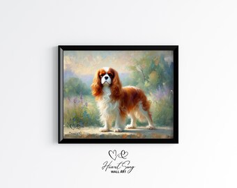 Cavalier King Charles Spaniel in Garden Glow - Romantic Cottage Wall Art, Spring Dog Printable, Vintage Country Decor, Digital Painting 647