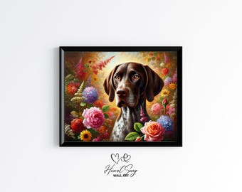 May include: A brown and white German Shorthaired Pointer dog with a black nose is surrounded by colorful flowers, including pink roses, purple hydrangeas, and yellow sunflowers. The dog is looking to the left of the image.
