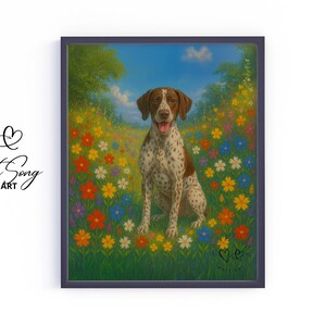 May include: A brown and white German Shorthaired Pointer dog sits in a field of colorful wildflowers. The dog is looking directly at the viewer with a happy expression. The background is a blue sky with white clouds.