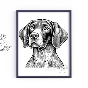 May include: Black and white line art illustration of a German Shorthaired Pointer dog's head. The dog is looking to the right. The image is framed in a black frame with the text "Heart Song Wall Art" in a cursive font.