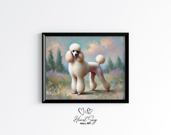 May include: A framed art print of a white poodle standing in a field. The poodle has a fluffy coat and is set against a backdrop of trees and a colorful sky. The artwork is signed "Heart Song Wall Art".