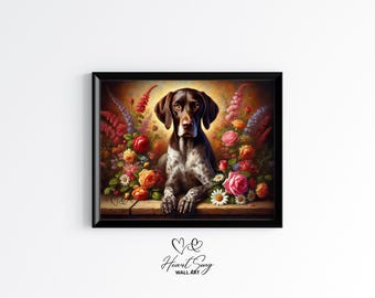 May include: A brown and white German Shorthaired Pointer dog sits in a bed of colorful flowers. The dog is looking directly at the viewer. The flowers are in shades of pink, red, yellow, and purple.