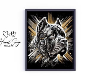 Cane Corso Dog Wall Art Printable - Moody Black and Gold Dog Portrait, Vintage Pet Print, Elegant Digital Art, Stylish Home Decor 347