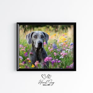 May include: A gray Weimaraner dog sits in a field of colorful wildflowers. The dog is looking directly at the camera with a serious expression.