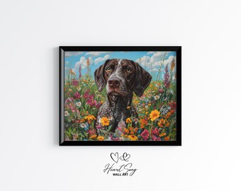 May include: A brown and white German Shorthaired Pointer dog is sitting in a field of colorful wildflowers. The dog is looking directly at the viewer with a curious expression. The background is a bright blue sky with white clouds.
