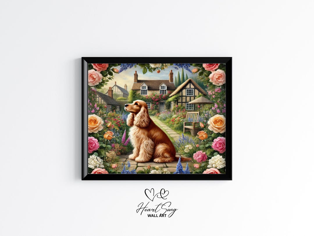 Cocker Spaniel Dog Printable Wall Art - Vintage Cottage Garden Floral ...