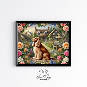 Cocker Spaniel Dog Printable Wall Art - Vintage Cottage Garden Floral Painting, Rustic Farmhouse Pet Decor, Digital Country Print 121