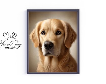 Golden Retriever Printable Wall Art Cottagecore Dog Portrait Warm Rustic Home Decor Vintage Country Digital Painting 550