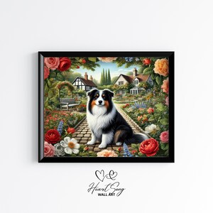 Border Collie Dog in Cottage Garden - Vintage Floral Printable Painting, Country Farmhouse Pet Decor, Digital Summer Wall Art 114