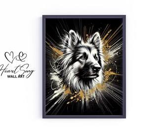 German Shepherd Dog Wall Art - Moody Black and Gold Pet Portrait, Vintage Stylish Dog Print, Elegant Digital Animal Art 355