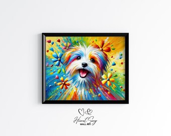 Könnte beinhalten: Ein farbenfrohes Gemälde eines weißen Hundes mit einem Regenbogen aus Farben in seinem Fell. Der Hund ist von bunten Blumen und Farbspritzern umgeben.