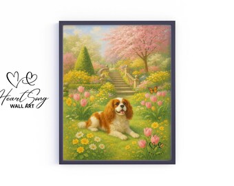 Cavalier King Charles Spaniel in Bloom - Spring Garden Dog Printable, Cottage Stair Scene, Romantic Floral Painting, Nature Decor 723