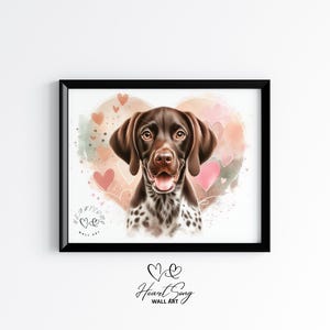 German Shorthaired Pointer Puppy with Heart - Rustic Dog Printable Art, Warm Farmhouse Decor, Cozy Country Pet Picture, Digital Painting 294