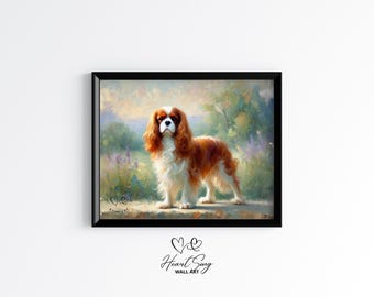 Cavalier King Charles Spaniel in Garden Glow - Romantic Cottage Wall Art, Spring Dog Printable, Vintage Country Decor, Digital Painting 647