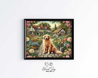 Golden Retriever Dog in Cottage Garden - Floral Summer Printable Art, Rustic Country Farmhouse Wall Decor, Vintage Digital Print 128