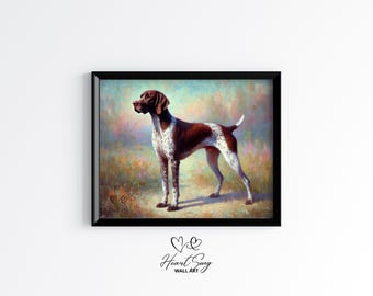 May include: A painting of a German Shorthaired Pointer standing in a field. The dog is brown and white with a black nose and is looking to the left. The background is a soft, colorful blur of greens, blues, and pinks.