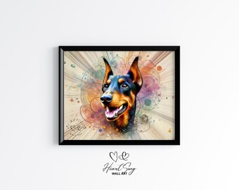 May include: A colorful abstract painting of a Doberman Pinscher dog with a black and brown coat. The dog is looking to the right and has a happy expression. The background is a mix of bright colors and swirling patterns.