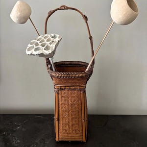 Vintage Japanese Ikebana Basket | Tall Woven Bamboo Flower Vase | Mid-Century