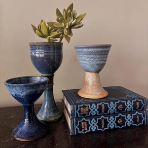 May include: A collection of handmade ceramic goblets in shades of blue, with a succulent plant in one. The goblets vary in shape and size, with a textured finish. Two books with blue covers are stacked in the background.