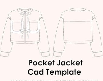 Pocket Jacket   CAD Template | Editable AI Vector + JPEG | Fashion Flat Drawing | Tech Pack Ready + Mockup (Flat Lay & Model)