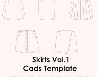 Skirt CAD Bundle Vol.1 | 5 Skirt Templates AI + JPEG | A-Line Pencil Pleated Wrap Button Front | Fashion Flats Tech Pack Ready