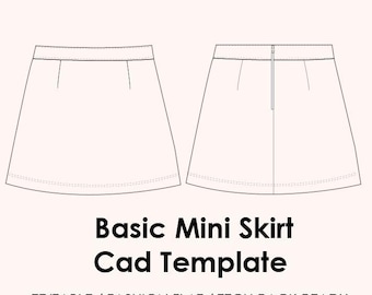 Mini Skirt CAD Template | Editable AI Vector + JPEG | Fashion Flat Drawing | Tech Pack Ready + Mockup (Flat Lay & Model)