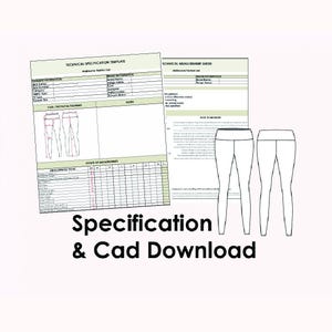 May include: Technical specification template and measurement guide for leggings. The documents are light green and white, with diagrams and measurement charts. The text "Specification & Cad Download" is at the bottom.