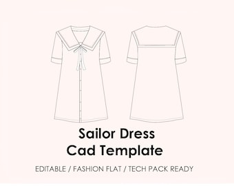 Sailor Dress  CAD Template | Editable AI Vector + JPEG | Fashion Flat Drawing | Tech Pack Ready + Mockup (Flat Lay & Model)