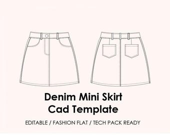 Denim Mini Skirt CAD Template | Editable AI Vector + JPEG | Fashion Flat Drawing | Tech Pack Ready + Mockup (Flat Lay & Model)