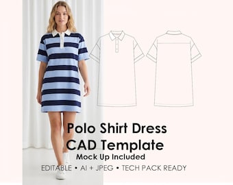 Polo Shirt Dress CAD Template | Editable AI Vector + JPEG | Fashion Flat Drawing | Tech Pack Ready + Mockup (Flat Lay & Model)