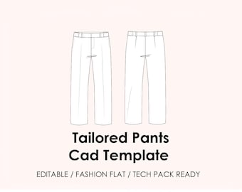 Tailored Pants CAD Template | Editable AI Vector + JPEG | Fashion Flat Drawing | Tech Pack Ready + Mockup (Flat Lay & Model)